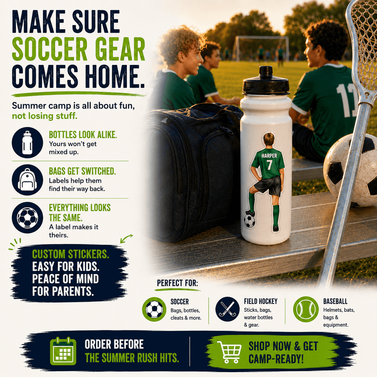 Stinky Lockers Personalized Male Soccer Sticker, a custom sticker featuring a soccer player in green uniform with the name Harper and the number 7, applied on a water bottle on a park bench surrounded by soccer gear and players.