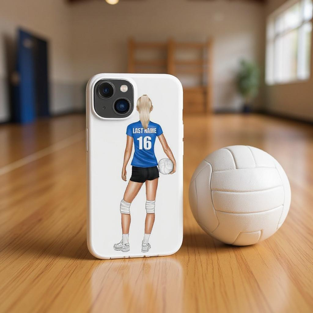Stinky Lockers Personalized Volleyball iPhone Soft Case, iPhone case with a volleyball player graphic design standing in an indoor gym
