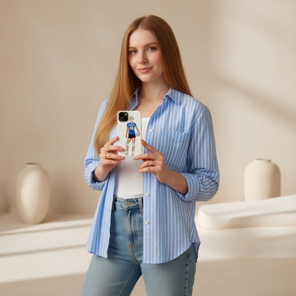 Stinky Lockers Personalized Volleyball iPhone Soft Case, a white phone case featuring a volleyball player illustration, held by a young woman with long red hair in a casual setting.