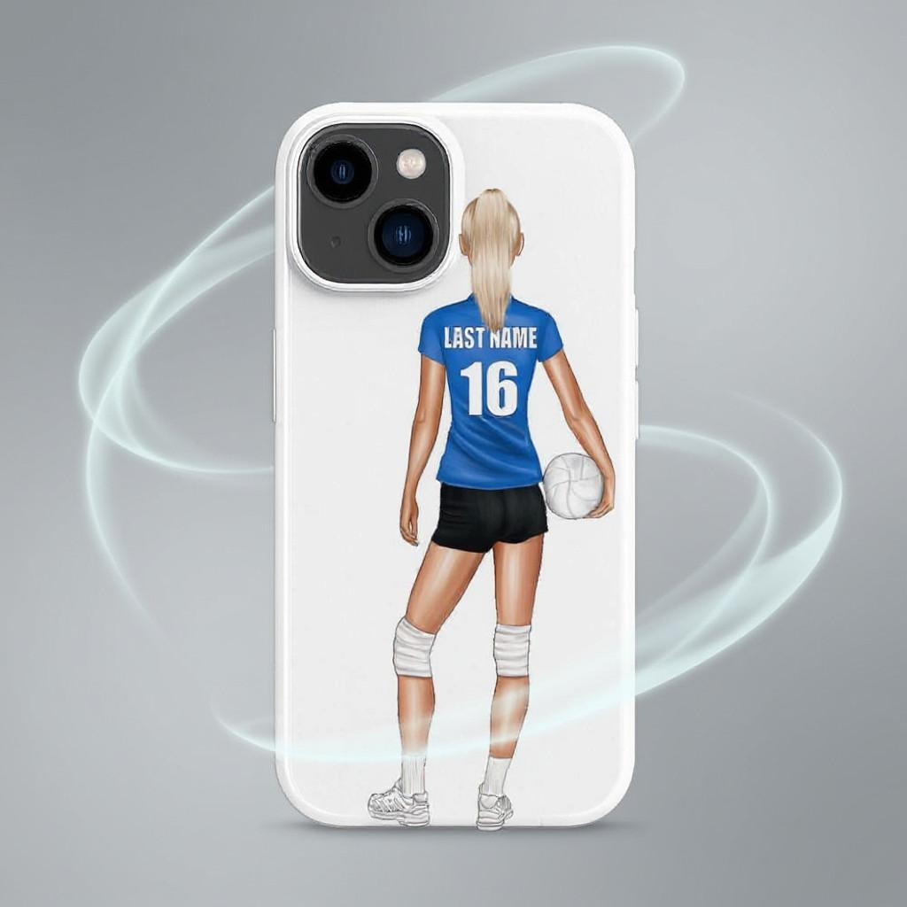 Stinky Lockers Personalized Volleyball iPhone Soft Case, phone case featuring a female volleyball player with blonde hair, wearing a blue jersey with last name and number, black shorts, and holding a volleyball.