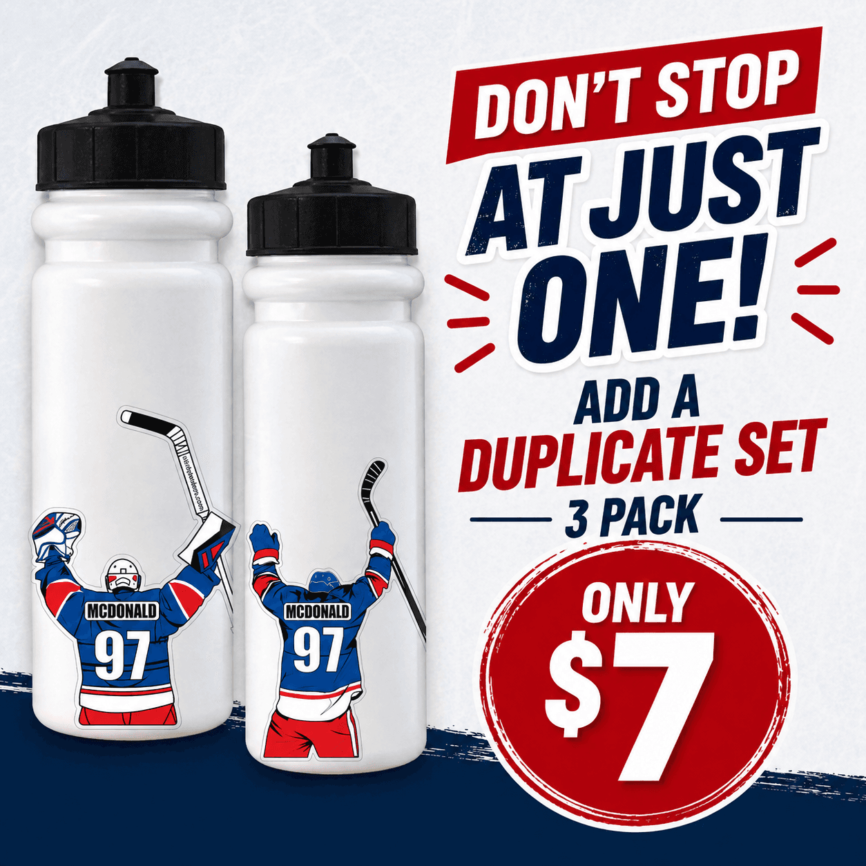 Stinky Lockers Hockey Celly Decal 3 Pack Exact Duplicate Set, featuring hockey players with jerseys, with promotional text on a white background.