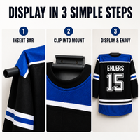 Easy-to-install jersey wall hanger designed to display sports jerseys without bulky display cases or expensive frames.