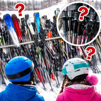 Stinky Lockers Personalized Ski Stickers-Skis, Pole & More That Last, image showing colorful skis and ski poles parked in snow with question marks highlighting different parts of the gear.