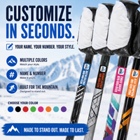 Personalized ski stickers with different colors, names and icon styles for skis, poles and gear