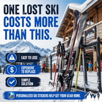 Skis left unattended at ski resort showing risk of losing expensive gear without personalized labels