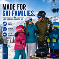 Family skiing with labeled skis and gear using personalized ski stickers for easy identification at the resort