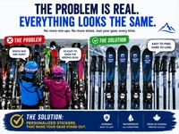 Stinky Lockers Personalized Ski Stickers, a set of custom labels for skis, poles, helmets, and water bottles featuring blue and black designs with the Jackson Smith logo.