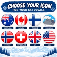 Stinky Lockers Personalized Ski Stickers | Custom Labels for Skis, Poles, Helmets & Water Bottles, choose-your-icon chart showing round ski decal designs for Australia, Canada, Finland, mountain, Norway, Switzerland, the UK, and the USA.