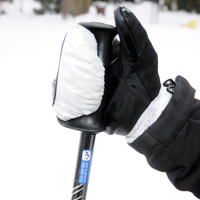 Close-up of a ski pole with a personalized name label sticker, making it easy to identify and return lost gear on the mountain.Side-by-side image showing unmarked skis versus clearly labeled skis with personalized stickers, demonstrating how labeling prevents mix-ups.