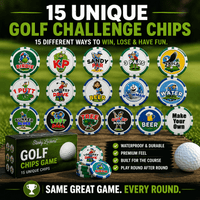 Stinky Lockers Golf Chips Game - 15 Unique Golf Poker Chip Collection, colorful golf-themed poker chips with fun illustrations and game descriptions on a green background.