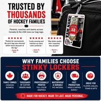 Stinky Lockers Personalized Hockey Team Combo – Bag Tag, Stick & Water Bottle Decals attached to a hockey bag, colorful hockey-themed bag tag with team logo and gear graphics.