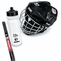 Stinky Lockers Personalized Power Play Sticker Pack, hockey gear including a black helmet with team logo, water bottle with custom sticker, and hockey stick with personalized decals.