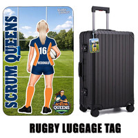Stinky Lockers Personalized Female Rugby Luggage Tag Player Image, luggage tag featuring a female rugby player holding a ball with Scrummy Queens logo, attached to a black rolling suitcase.