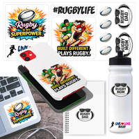 Stinky Lockers Assorted Rugby Sticker Pack OTO, collection of colorful rugby-themed stickers with slogans, stickers on water bottles, notebooks, and phone case, fitness accessories, and related rugby paraphernalia.