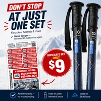 Stinky Lockers Duplicate Set of Ski Stickers, a set of red and white labels with customizable text for ski poles, helmets, and gear on a snowy mountain background.