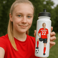 Stinky Lockers 12 Dollar Special-2 Female Soccer Stickers & FREE Digital Download Coloring Pages, image of a water bottle with a girl in a soccer uniform holding it, outdoors, during daytime.