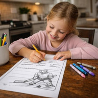 Stinky Lockers Hockey Memory Maker PDF Printable Book, a young girl smiling and coloring a hockey-themed worksheet at a wooden table.