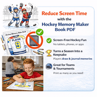 Stinky Lockers Hockey Memory Maker PDF Printable Book, image of children celebrating hockey, a printed hockey memory book, and icons highlighting screen-free fun, journaling, team play, and printable features.