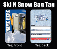 Stinky Lockers Personalize Ski Luggage Tag with Loop OTO, front view of a ski locker design surrounded by snow and skis, and back view of a customizable name, city, and contact information label for travel safety.