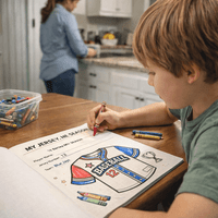 Stinky Lockers Baseball Memory Maker Printable PDF Book, a child coloring a baseball jersey page in a printable memory book for kids.