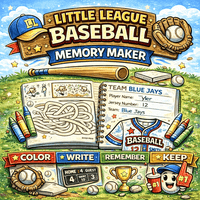 Little League Baseball Memory Maker Printable PDF Book, colorful baseball-themed scrapbook page with baseballs, gloves, and a scoring sheet.