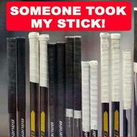 Stinky Lockers Personalized Ringette Sticker Pack – Power Play Pack, image of hockey stick stickers with the text 'Someone Took My Stick!' on a red background.