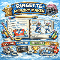 Stinky Lockers Ringette Memory Maker Book | Printable Ringette Season Keepsake (PDF) - colorful illustrated scrapbook page featuring ringette players, ice hockey equipment, and sports memorabilia on snow background.
