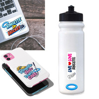 Stinky Lockers Assorted Ringette Sticker Pack, collection of colorful stickers with ringette-themed designs on various items like a water bottle, phone, and a tablet.
