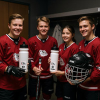 Stinky Lockers Personalized Power Play Sticker Pack, image of hockey players with custom stickers and equipment