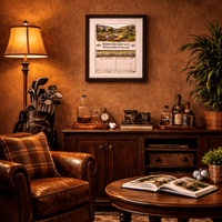 Framed Golf Course Watercolor Print – Add Your Scorecard Keepsake | Golf Course Memory Frame, interior decorative golf-themed wall art in a cozy living room with a leather armchair, golf clubs, and a sideboard with liquor bottles and a potted plant.