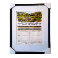 Framed Golf Course Watercolor Print – Add Your Scorecard Keepsake | Golf Course Memory Frame, featuring a watercolor print of a golf course landscape with a personal golf scorecard displayed beneath.