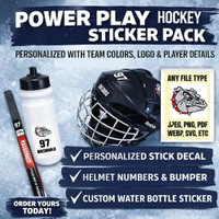Stinky Lockers Personalized Power Play Sticker Pack - OTO, hockey gear and accessories, including a helmet decal, water bottle sticker, and sticker pack with team colors, logo, and player details.