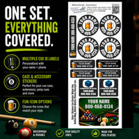 Stinky Lockers Personalized Pool Cue ID Decals, set of customizable stickers with beer mug and pool ball designs for billiard cue stick identification and decoration.