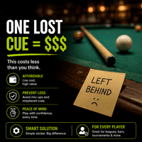 Stinky Lockers Personalized Pool Cue ID Decals, pool cue stickers on a pool table with a note that says 'Left Behind' with a sad face.