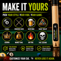 Stinky Lockers Personalized Pool Cue ID Decals, colorful billiard cue stickers on a black background with pool-related icons and text.