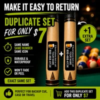 Stinky Lockers Duplicate Set – Billiard Cue ID Decals, product image displaying two billiard cue decals with customizable text for pool cue identification, durable waterproof design, and peel-and-stick application for easy use.