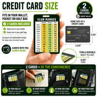Stinky Lockers Golf Club Yardage Cards (2 Pack), compact and lightweight golf yardage cards with club ranges and distances, shown in hand and suitcase for portability, with detailed measurements and features highlighted.