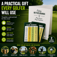 Stinky Lockers Golf Club Yardage Cards (2 Pack), image showing two yardage cards with various golf club ranges and an accompanying holiday gift-themed promotional background.