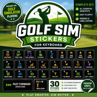 Golf Simulator Keyboard Shortcut Stickers compatible with GSPro featuring premium waterproof keyboard labels for Flyover, Mulligan, Green Grid, Heat Map and other golf simulator shortcuts.