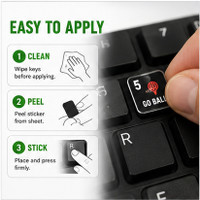 Easy peel-and-stick installation of golf simulator keyboard shortcut stickers on a standard PC keyboard using premium laminated vinyl labels.