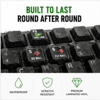 Waterproof laminated golf simulator keyboard stickers designed to resist scratches, fading and everyday use on simulator keyboards.