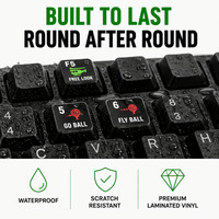 Stinky Lockers Golf Simulator Keyboard Shortcut Stickers, close-up of waterproof and scratch resistant vinyl stickers on a golf keyboard, showing labeled keys with game commands.