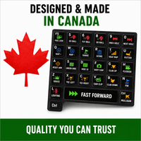 Stinky Lockers Golf Simulator Keyboard Shortcut Stickers – Compatible with GSPro, black keyboard stickers with labels and icons for golf simulator controls, on a white background with a Canadian flag and promotional text.