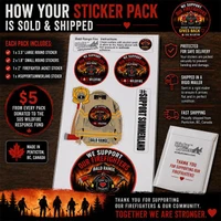 Bald Range Wildfire Firefighter Support Sticker Pack, summerland BC product display featuring various firefighter-themed stickers including a large firefighter jacket patch and a thank you note, designed to support wildfire firefighters.