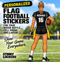 Personalized female flag football waterproof sticker featuring a custom name, jersey number, hair style and colors. Perfect for decorating water bottles, laptops, phones and sports gear.