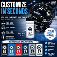 Personalized hockey stick decals available in multiple colors with custom name, number, and team logo options for a unique player look.