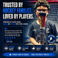 Real hockey player using personalized stick decals showing how custom name labels help kids identify their gear at the rink.