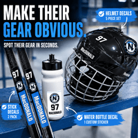 Stinky Lockers Personalized Hockey | Ringette | LAX Sticker Pack, hockey gear with stick decals, water bottle decal, and helmet decals on a blue hockey bench