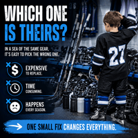 Stinky Lockers Personalized Hockey | Ringette | LAX Sticker Pack, product image featuring a hockey locker room scene with a young player in hockey gear, standing in front of helmets and hockey sticks, promoting gear organization and personalization.
