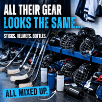 Stinky Lockers Personalized Hockey | Ringette | LAX Sticker Pack, hockey helmets, hockey sticks, water bottles and sports gear organized in a locker room.